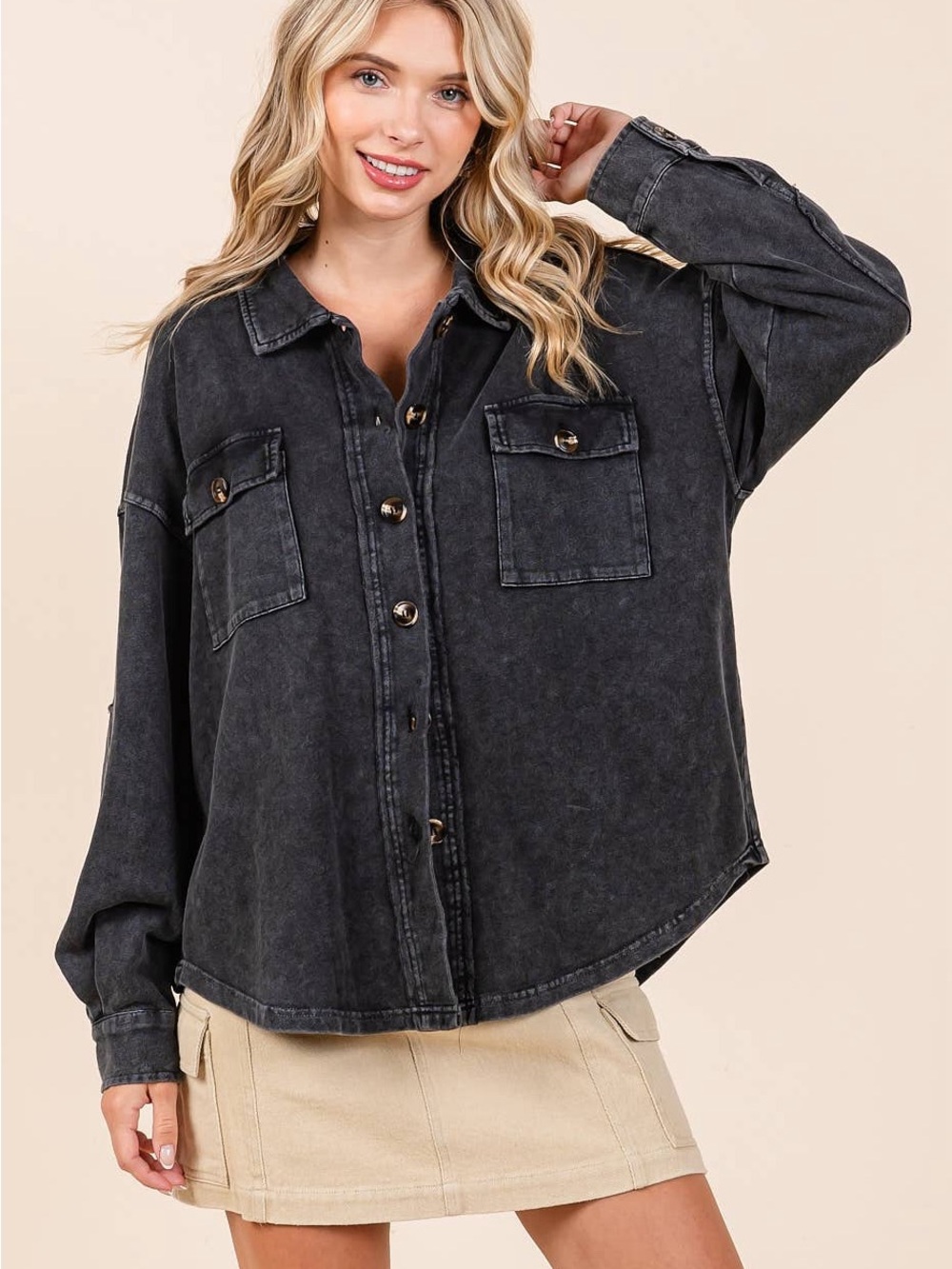 Washed Black Oversized Button-Up Shacket - Picture 2 of 4